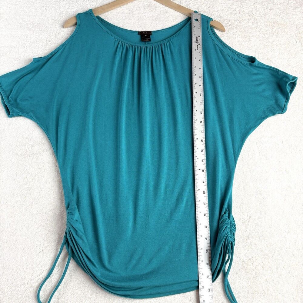 Vintage Y2K 2000s Top Women L Turquoise Blue Drape Stretch Office Siren USA Made - Picture 7 of 10